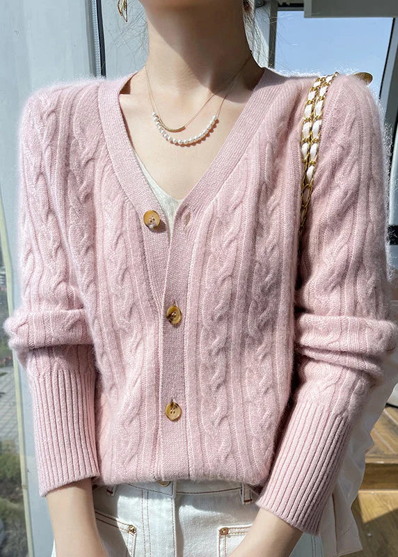 Italian Pink V Neck Solid Cable Wool Knit Cardigans Fall