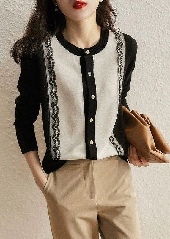 Modern Black O Neck Button Lace Patchwork Woolen Knit Cardigans Fall