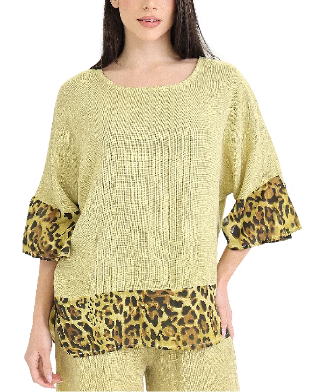 Linen & Cotton Top w/ Leopard Trim