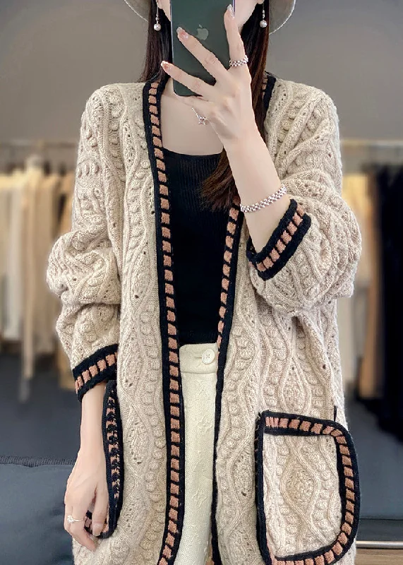 Loose Camel Hollow Out Patchwork Cotton Knit Cardigan Fall