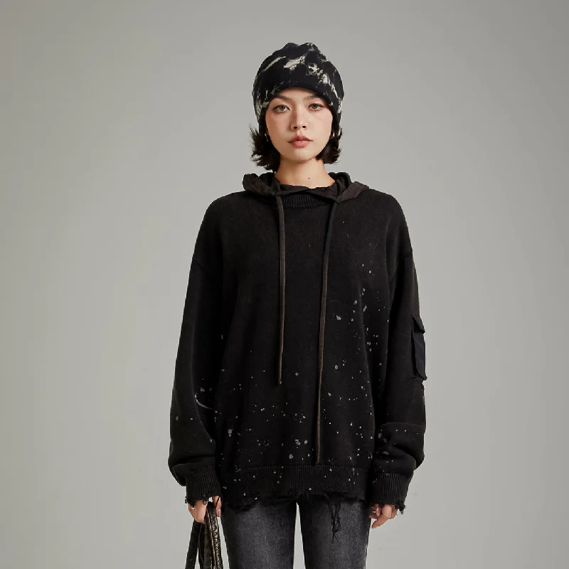 Pocket Paint Splatter Distressed Loose Fit Knit Sweater