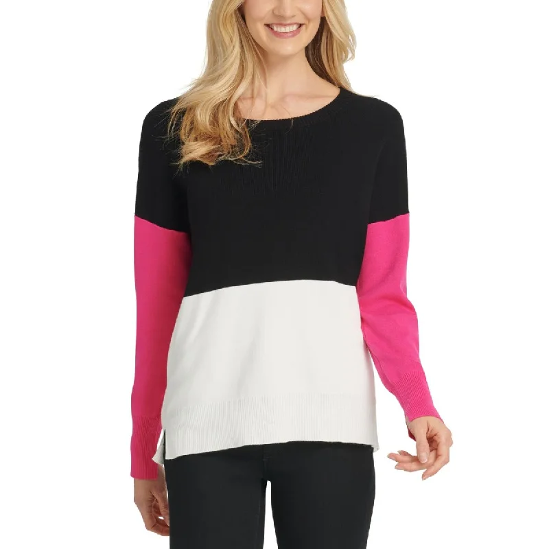 DKNY Womens Colorblock Ribbed Trim Crewneck Sweater