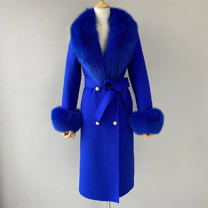 Editorial Design Women's Blue Color Cashmere Wool Natural Fox Fur Collar Long Winter Jacket
