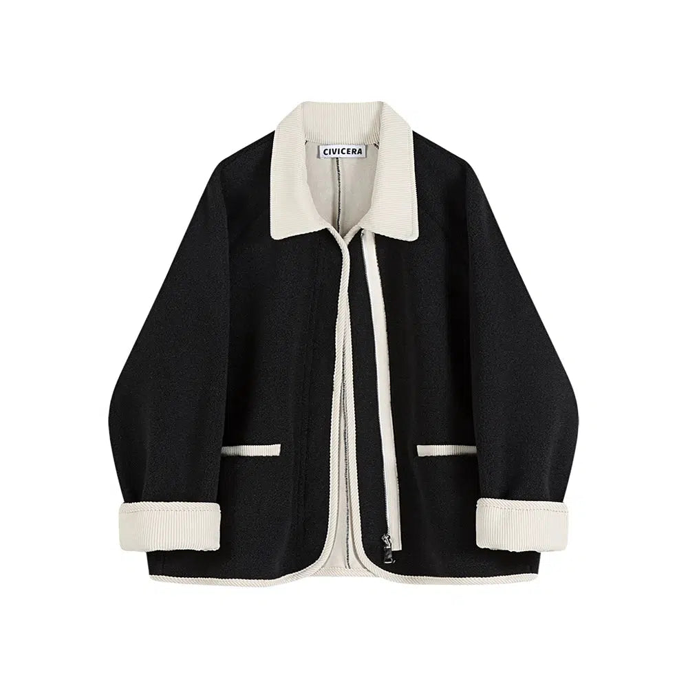Retro Prints Ribbed Collar Two-Tone Coat