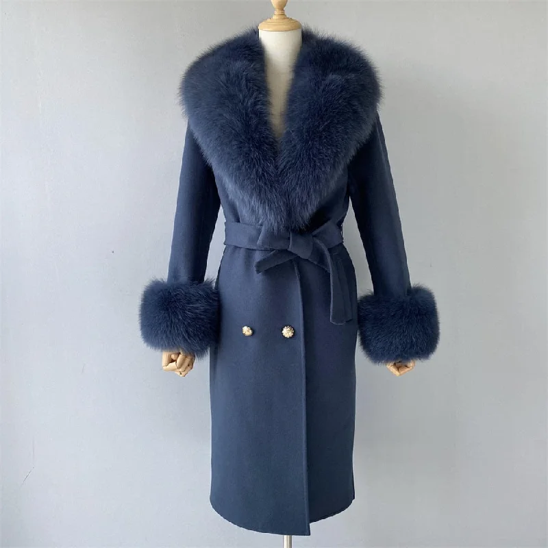 Comfortable And Cold-proof Women's Dark Blue Cashmere Wool Blends Real Fur Collar Long Winter Jacket