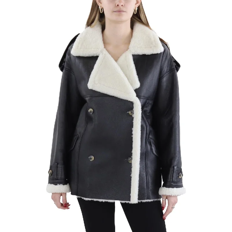 French Style The Mannei Womens Jordan Shearling Lined Double-Breasted Leather Jacket