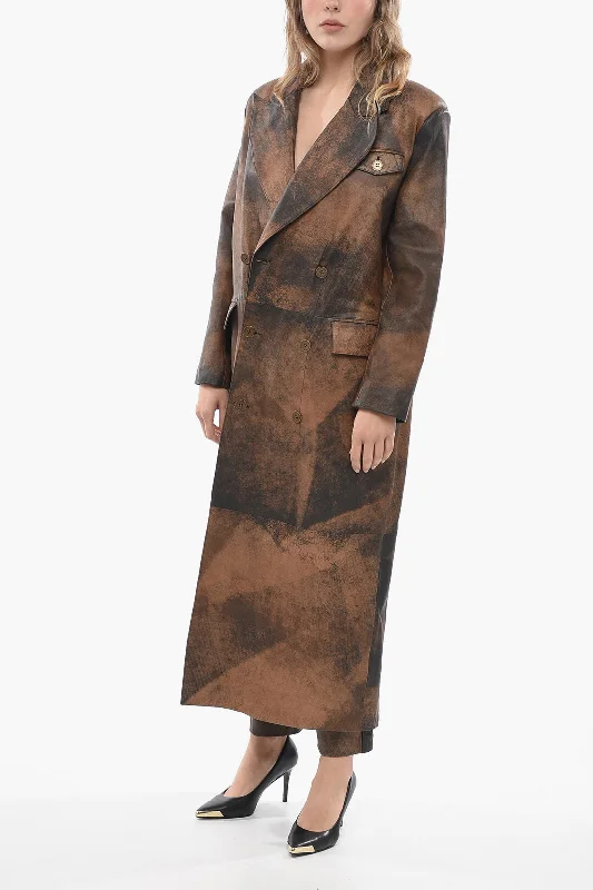 BAIA Double-breasted Leather Coat with Peak Lapel