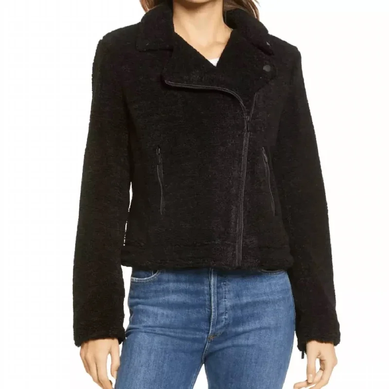 Classic Color Faux Fur Shearling Moto Jacket In Black
