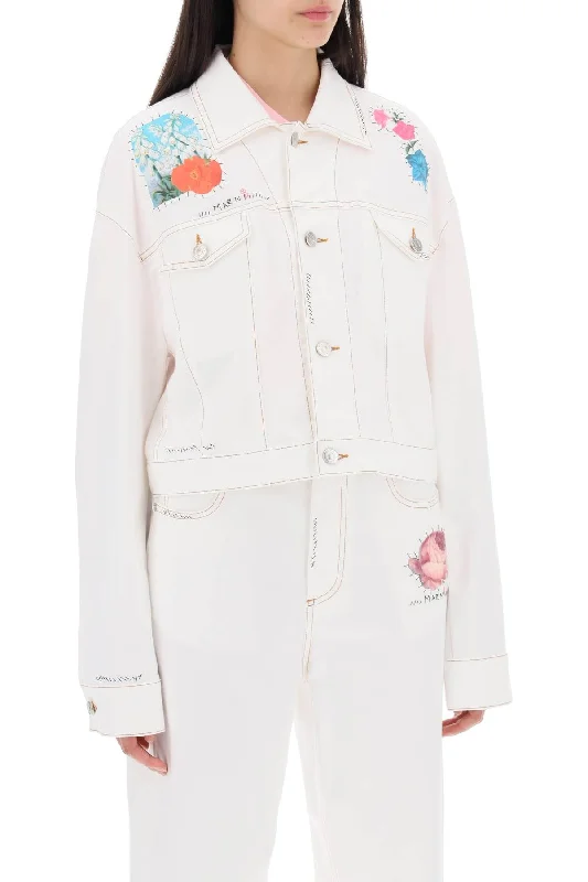 Single-shoulder Neck Design Marni "cropped Denim Jacket With Flower Patches And Embroidery"