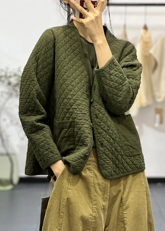 Noble And Elegant Organic Green V Neck Pockets Button Fine Cotton Filled Jackets Winter
