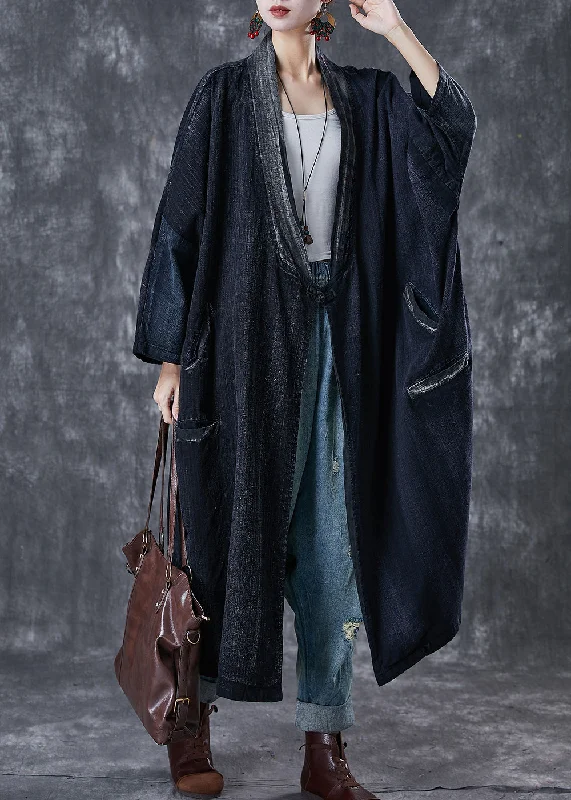 Simple Style Organic Navy Oversized Chinese Button Cotton Trench Coats Spring