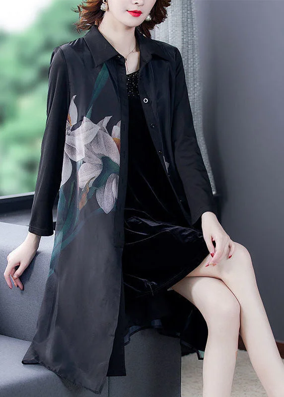 Original Design Black Peter Pan Collar Print Silk Shirt Coat Long Sleeve