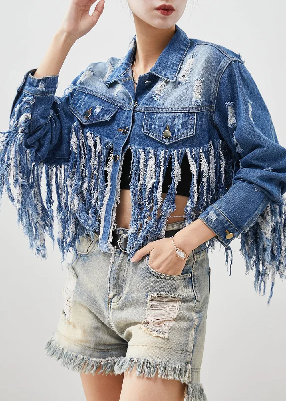 Outdoor Trend Original Design Blue Tasseled Cotton Ripped Coat Spring