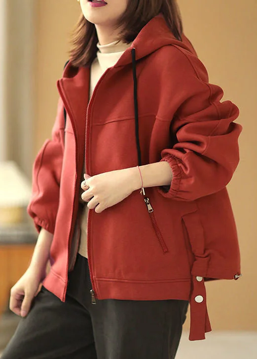 End Of The Year Original Design Red Zip Up Pockets Cotton Hooded Coat Fall