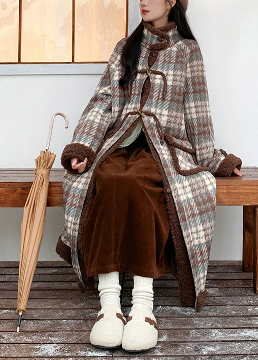 Comfortable And Simple Original Green Coffee Plaid Pockets Fleece Wool Lined Coat Winter