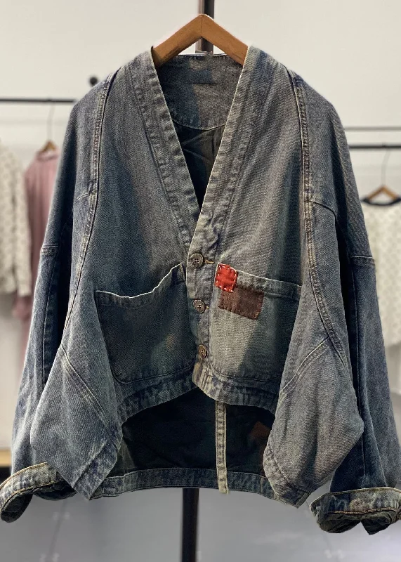 Lazy Style Original Retro Blue Asymmetrical Patch Bat Sleeve Denim Coats