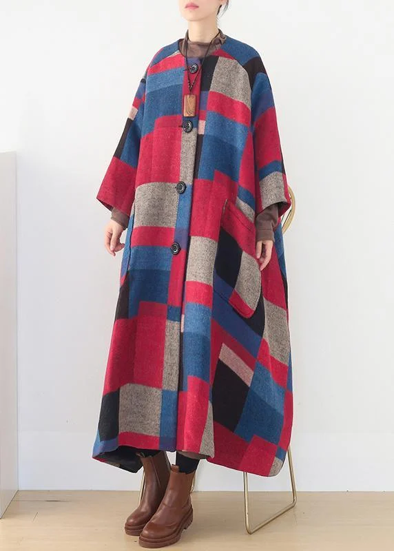 oversized maxi coat winter cashmere Coatred plaid fashion woolen outwear