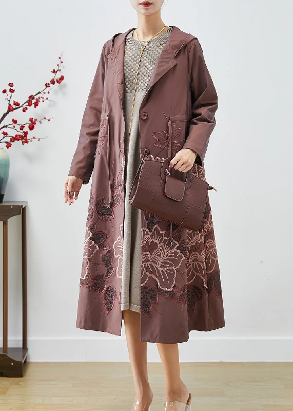 Pale Mauve Spandex Trench Coat Embroideried Tie Waist Fall