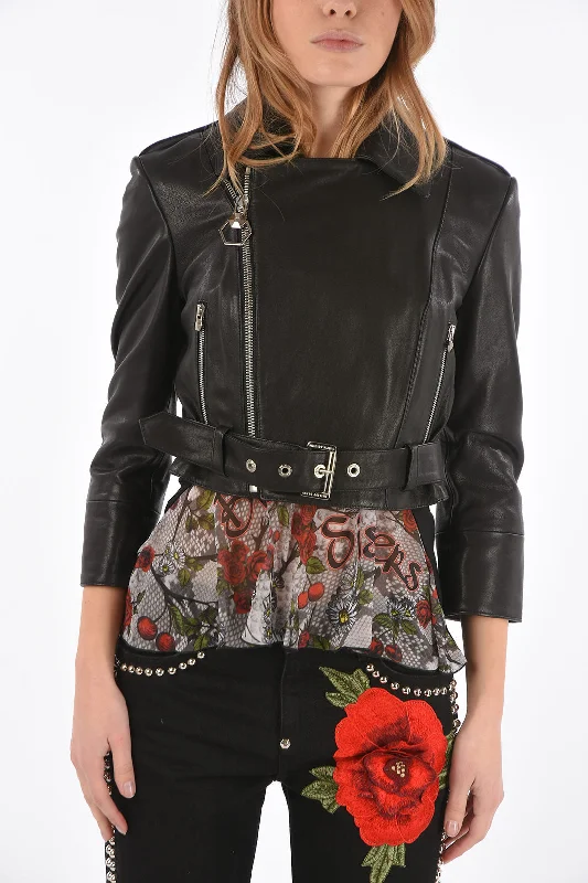 Elegant And Charming Philipp Plein COUTURE leather SENSATION ONE biker jacket with belt