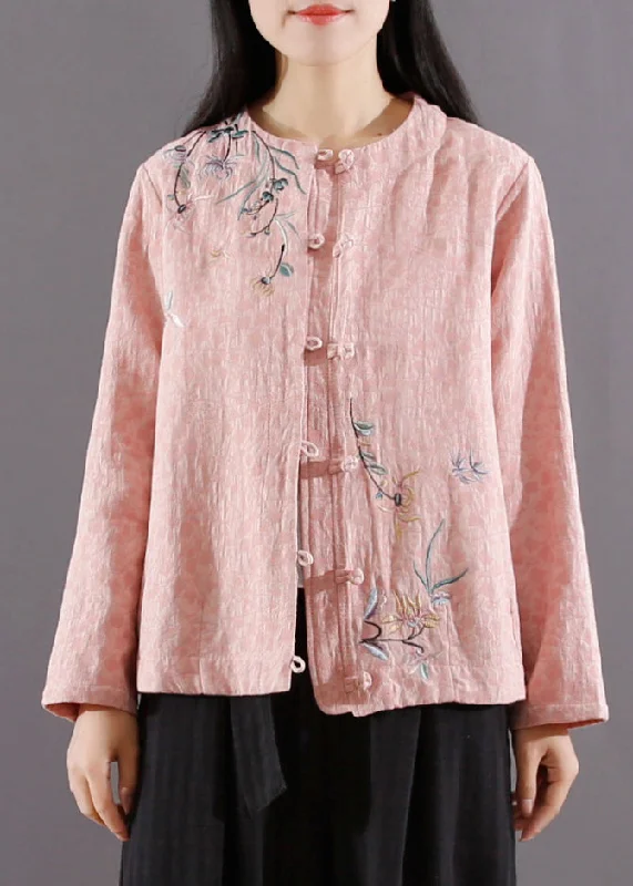 French Retro Pink Chinese Button Patchwork Cotton Coat Jacquard Long Sleeve