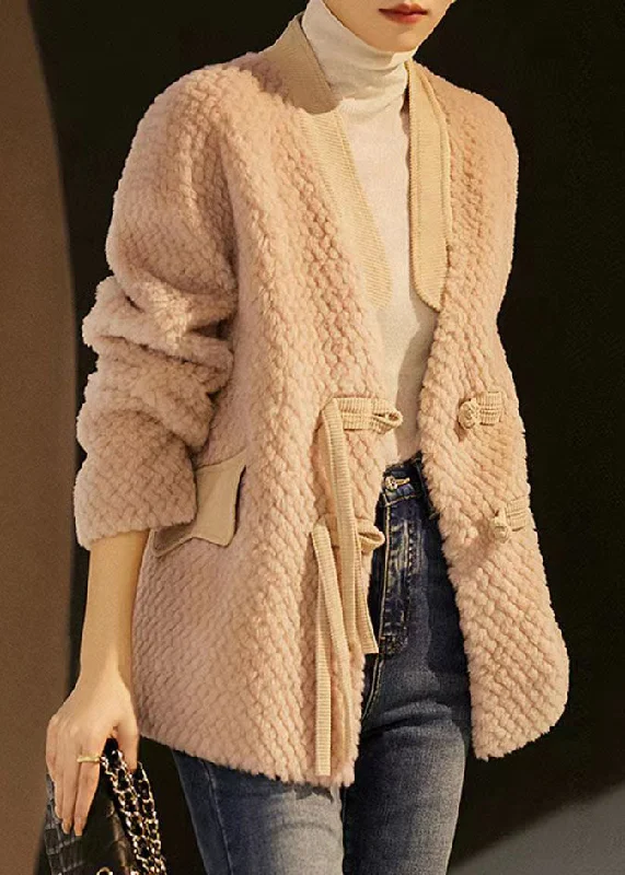 Comfortable And Casual Pink Pockets Patchwork Wool Jackets Tasseled Button Winter