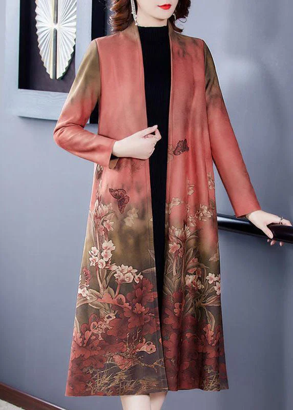Trendy Items Pink Print Faux Suede Trench Coats Oversized Long Sleeve