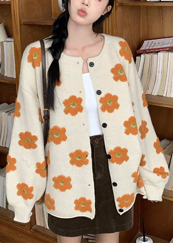 Casual Ease Plus Size Apricot Floral Cotton Knit Sweater Coats Long Sleeve