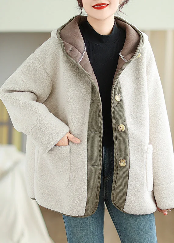 Breathable Comfort Plus Size Apricot Hooded Pockets Patchwork Faux Fur Warm Fleece Coat Winter