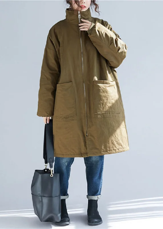 Casual Fit Plus Size Army Green Stand Collar Pockets Parka Coats Long Sleeve