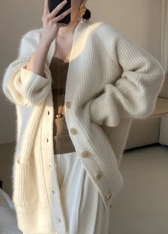 Cozy Chic Trends Plus Size Beige V Neck Button Pockets Cotton Knit Coats Fall