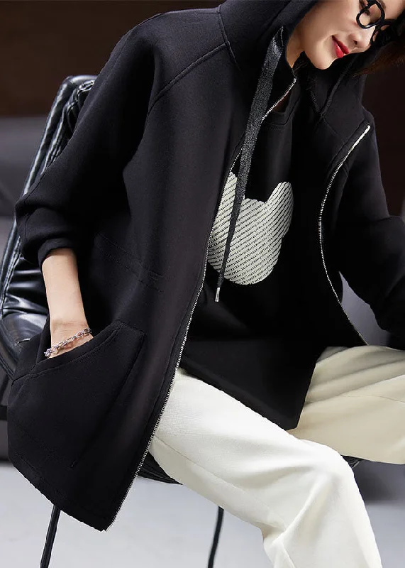 Celebrity Style Plus Size Black Drawstring Zippered Hooded Coat Fall