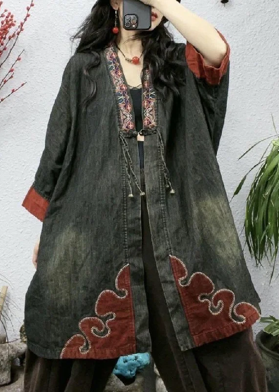 Printed Patterns Plus Size Black Embroidered Button Cotton Coat Bracelet Sleeve