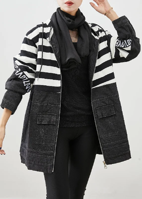 Customized Version Plus Size Black Hooded Patchwork Striped Fine Cotton Filled Denim Jacket Witner