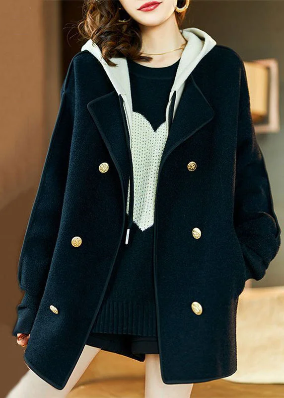 Fashionable In The Times Plus Size Black Hooded Patchwork Woolen Fake Two Piece Coats Fall Fashionable In The Times Plus Size Black Hooded Patchwork Woolen Fake Two Piece Coats Fall