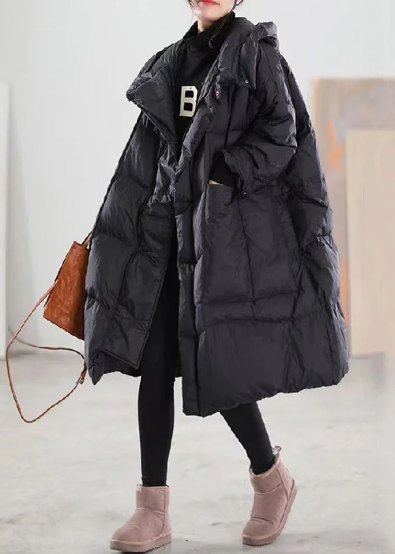 Sweet Style Plus Size Black Hooded Pockets Patchwork Duck Down Coat Winter