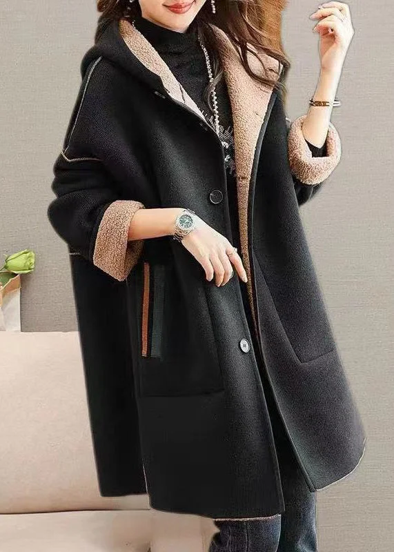 Simple Solid Color Plus Size Black Hooded Pockets Patchwork Woolen Coat Winter