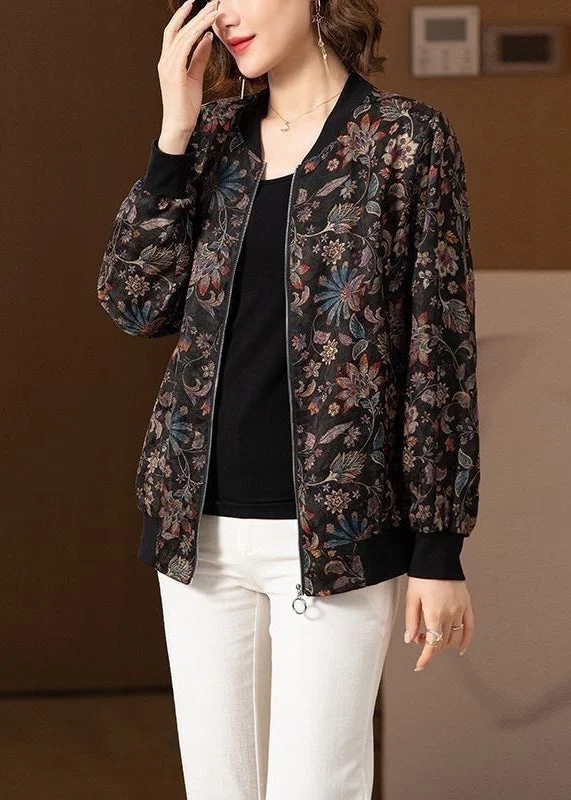 Lazy Home Plus Size Black O Neck Zip Up Pockets Silk Coats Long Sleeve