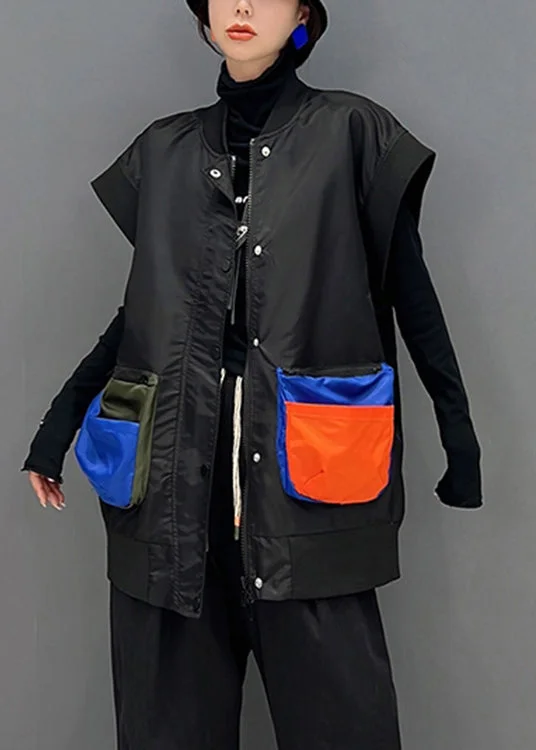 Fashionable And Versatile Plus Size Black O-Neck Zippered Patchwork Button Thick Waistcoat Sleeveless