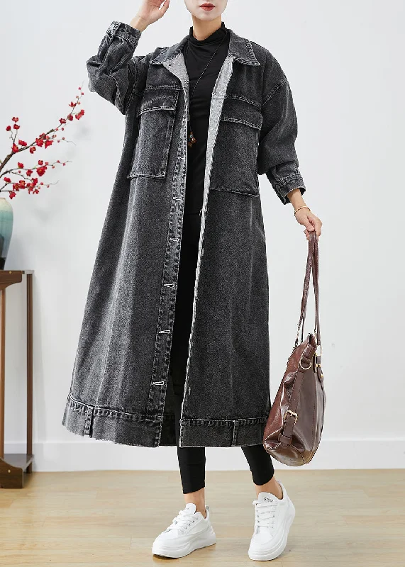 Must-have For Fashion Plus Size Black Oversized Pockets Denim Trench Coats Fall
