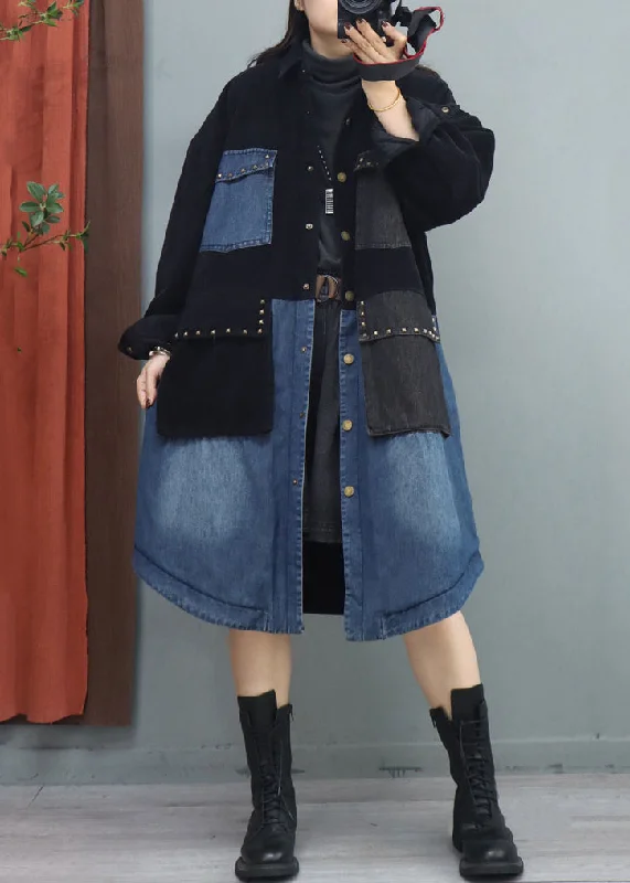 Elegant And Simple Plus Size Black Peter Pan Collar Pockets Patchwork Coat Fall