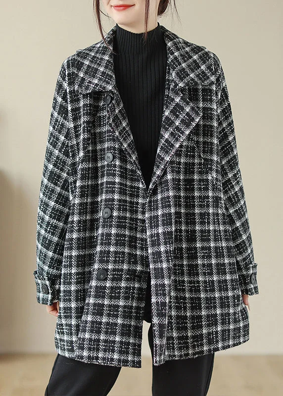 Comfortable Dresses Plus Size Black Plaid Peter Pan Collar Pockets Woolen Jacket Fall Comfortable Dresses Plus Size Black Plaid Peter Pan Collar Pockets Woolen Jacket Fall