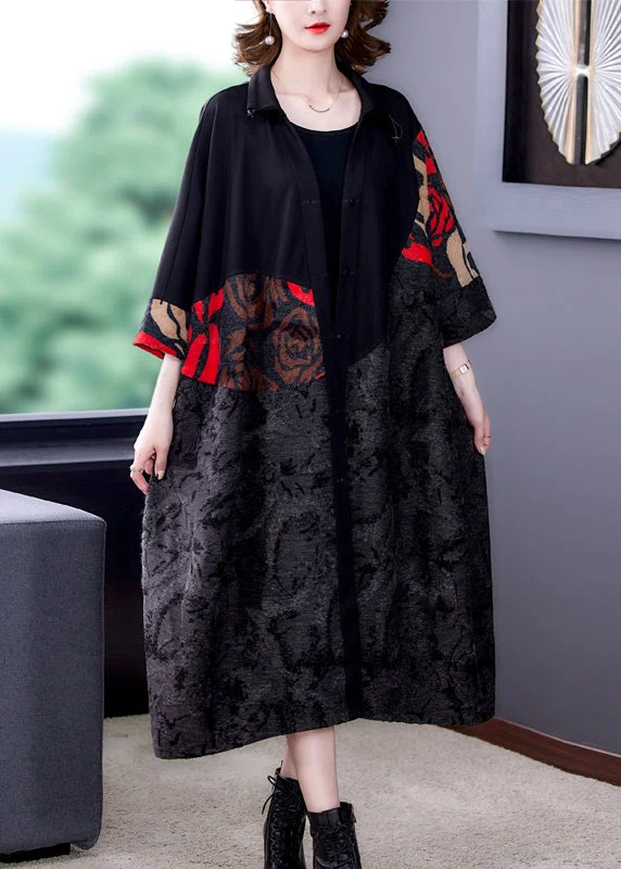 Goddess Style Plus Size Black Print Button Patchwork Cotton Long Coats Fall