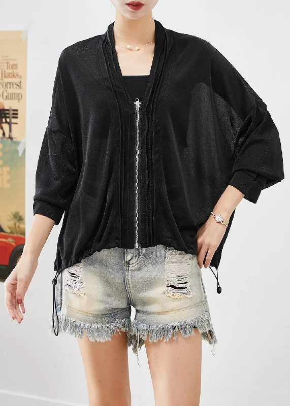 Exquisite Design Plus Size Black V Neck Drawstring Wrinkled UPF 50+ Coat Fall