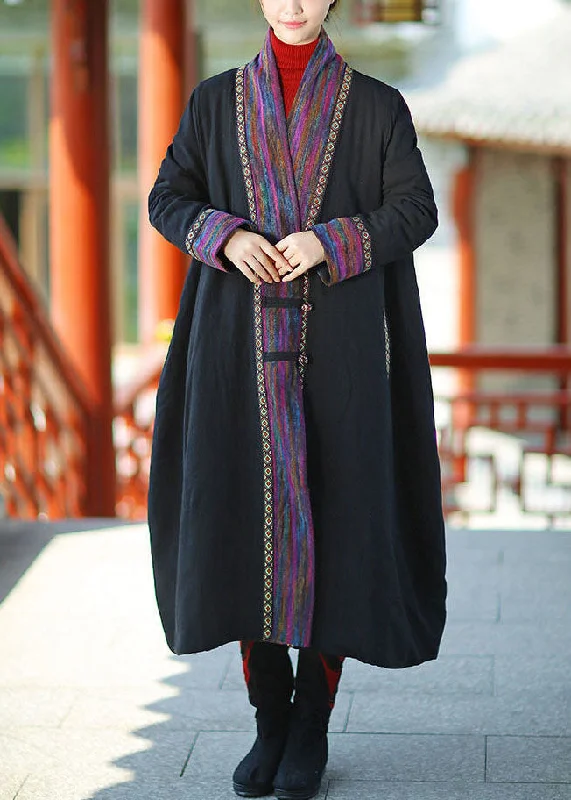 Plus Size Black V Neck Patchwork Fine Cotton Filled Long Coats Winter