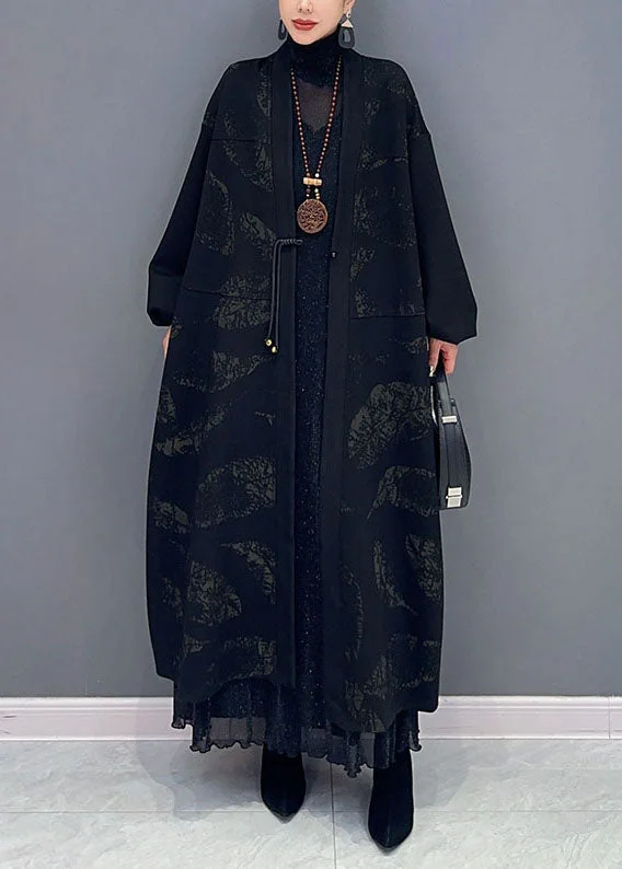 Cozy Street Style Plus Size Black V Neck Print Button Maxi Coat Fall