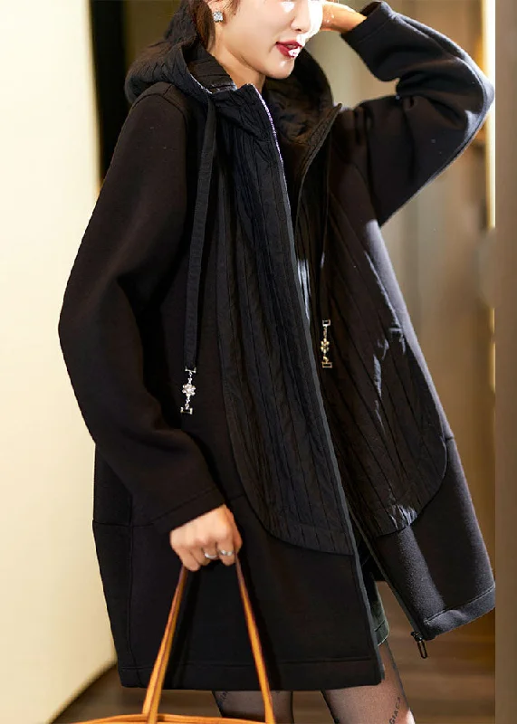 Slim Fit Plus Size Black Zippered Patchwork Thick Hoodies Coats Fall