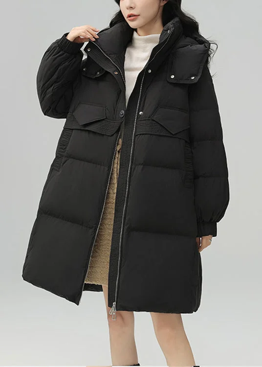 Elegant And Casual Plus Size Black Zippered Pockets Patchwork Duck Down Coat Winter