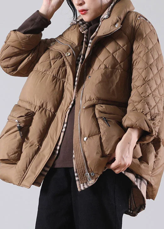 Casual And Comfortable Plus Size Brown Zip Up Pockets Duck Down Winter Coats