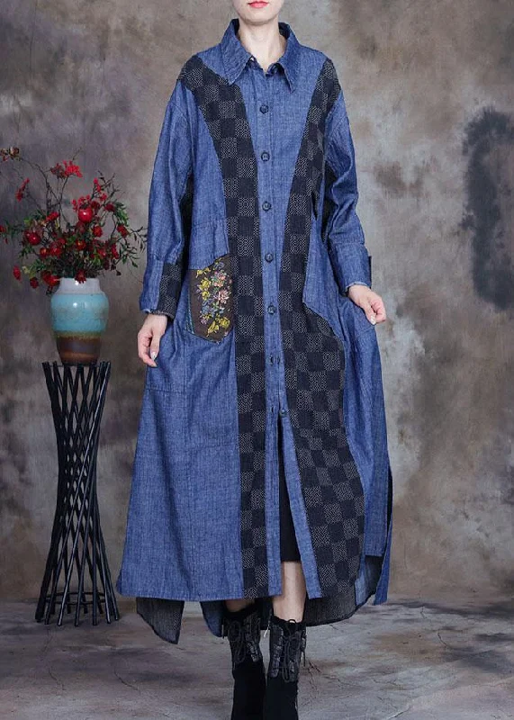 Age-reducing Style Plus Size denim blue Patchwork Plaid asymmetrical design Fall Coats