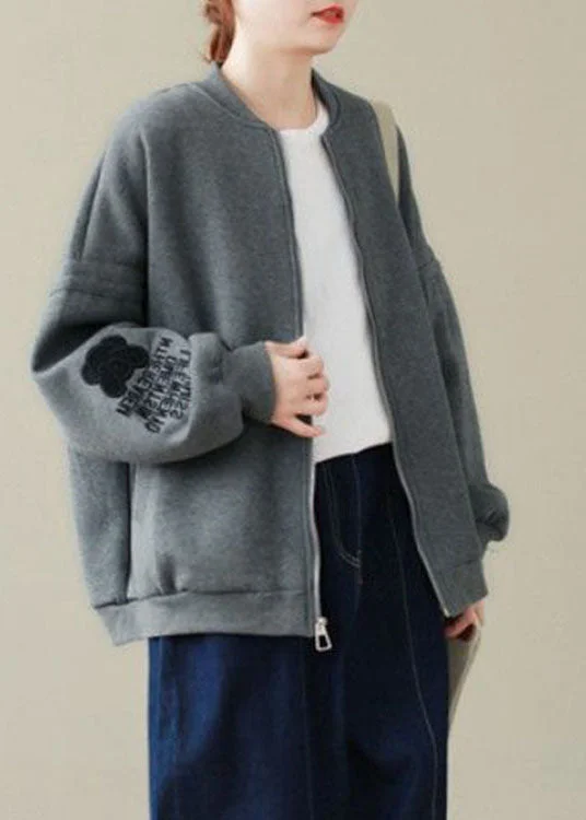 College Style Plus Size French Grey Zip Up Loose Jacket Spring